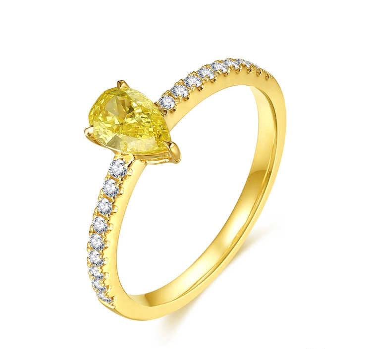 ペアシェイプソリティアリング イエローダイヤモンド0.546ct  副石0.171ct K14イエローゴールド 1.873g